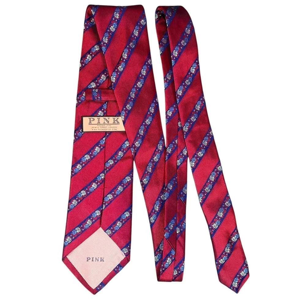 Thomas Pink 100% Silk Mens Necktie Navy/Red Stripped Floral Classic France